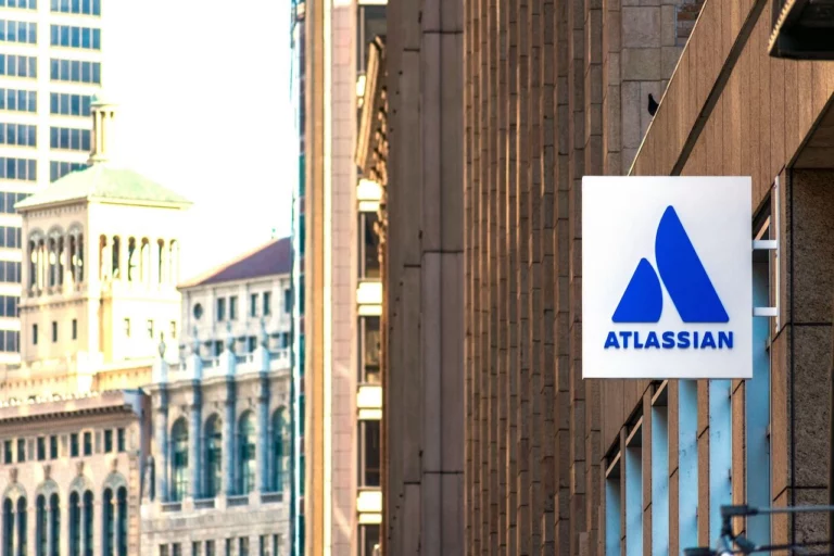 building with Atlassian logo sign